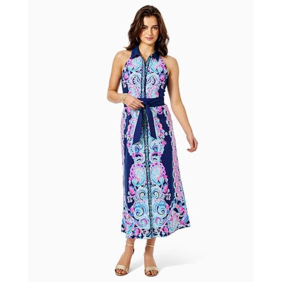NEW Lilly Pulitzer Novah Stretch Midi Dress High Tide Navy Shaka Shaka Shake - Picture 1 of 11
